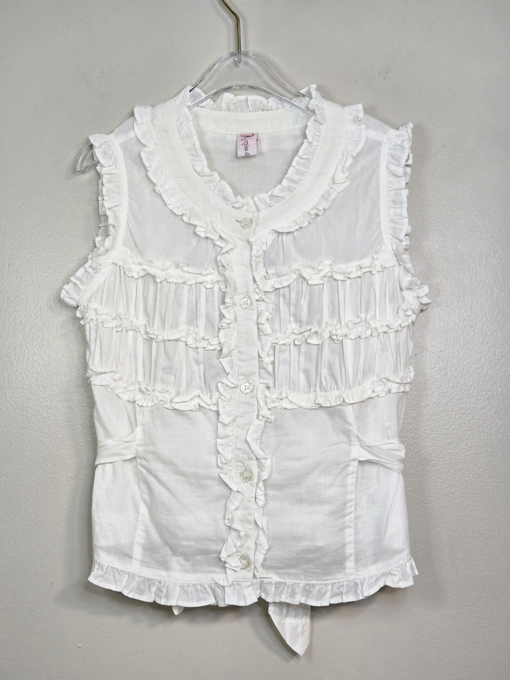 Miss De Mode White Ruffled Sleeveless Button-Down Blouse, Size 8-10 (140) ~ EUC